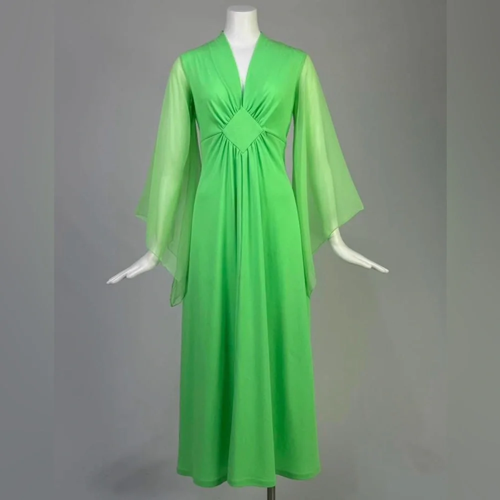 Vintage 1970's Neon lime green maxi dress with sheer draped angel sleeves. M-L